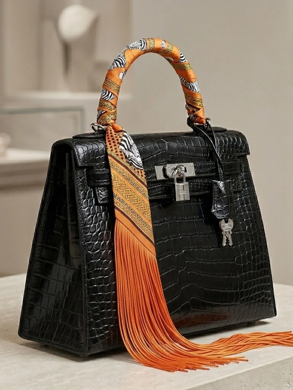Orange Zebra Print fringed silk Twilly